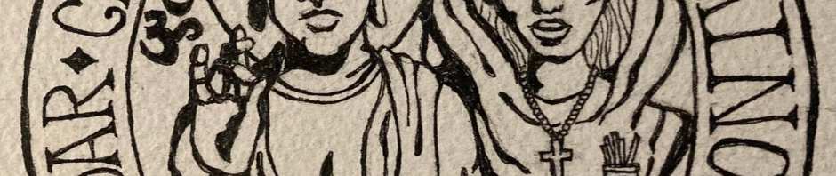 A line drawing with the Buddha on the left and a woman with her head covered with a scarf. In block letters around the outside reads, "Caminante no hay camino. Se hace camino al andar."